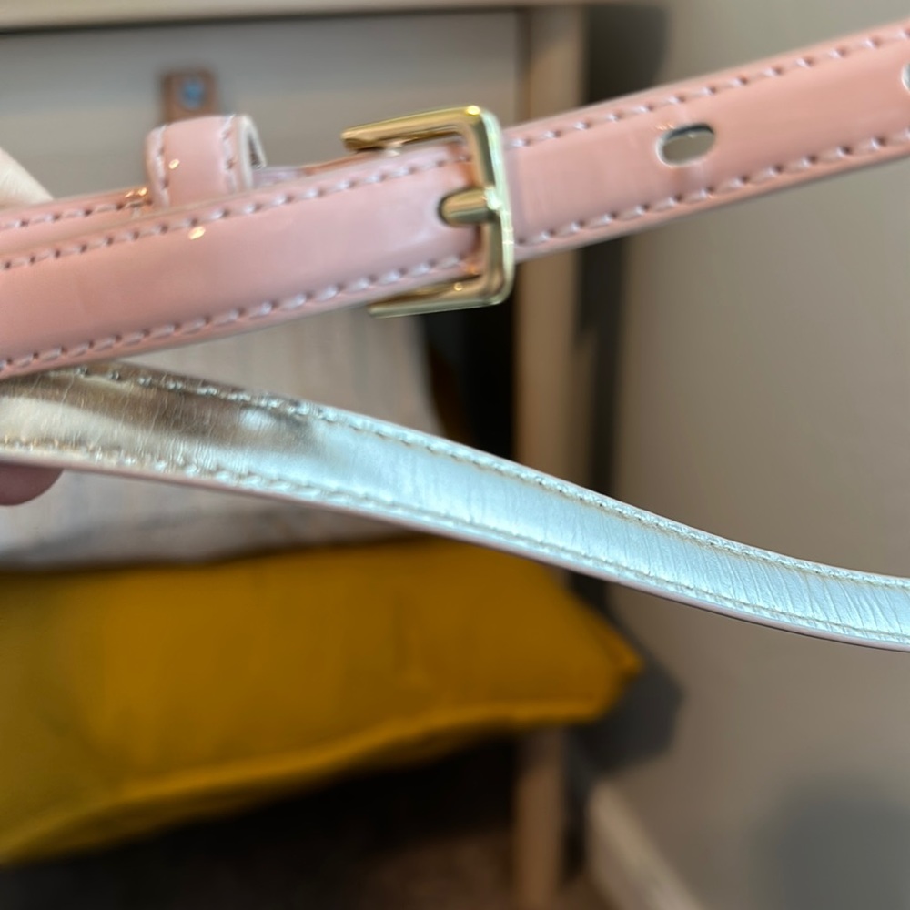 Light pink with gold buckle, 44”l and 1/2”w